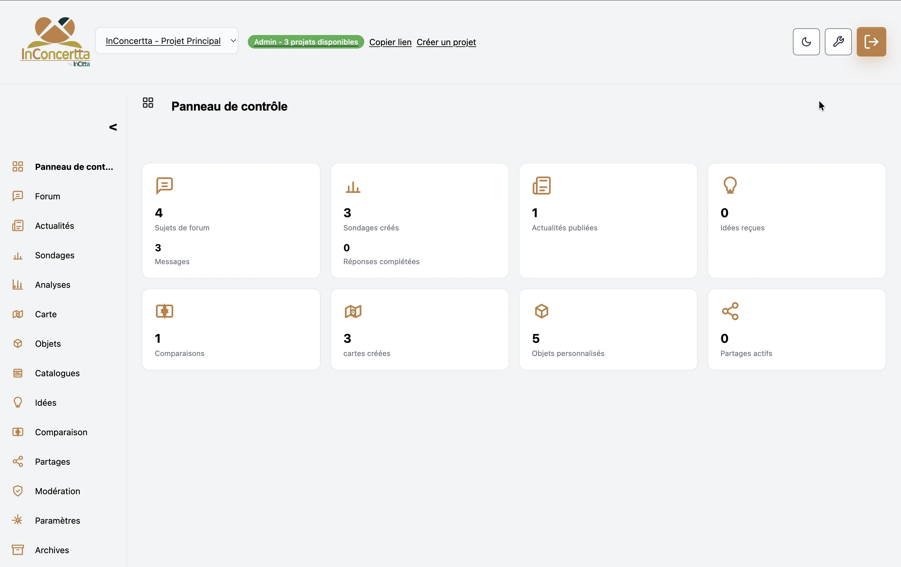 InConcertta — tableau de bord, espace de gestion